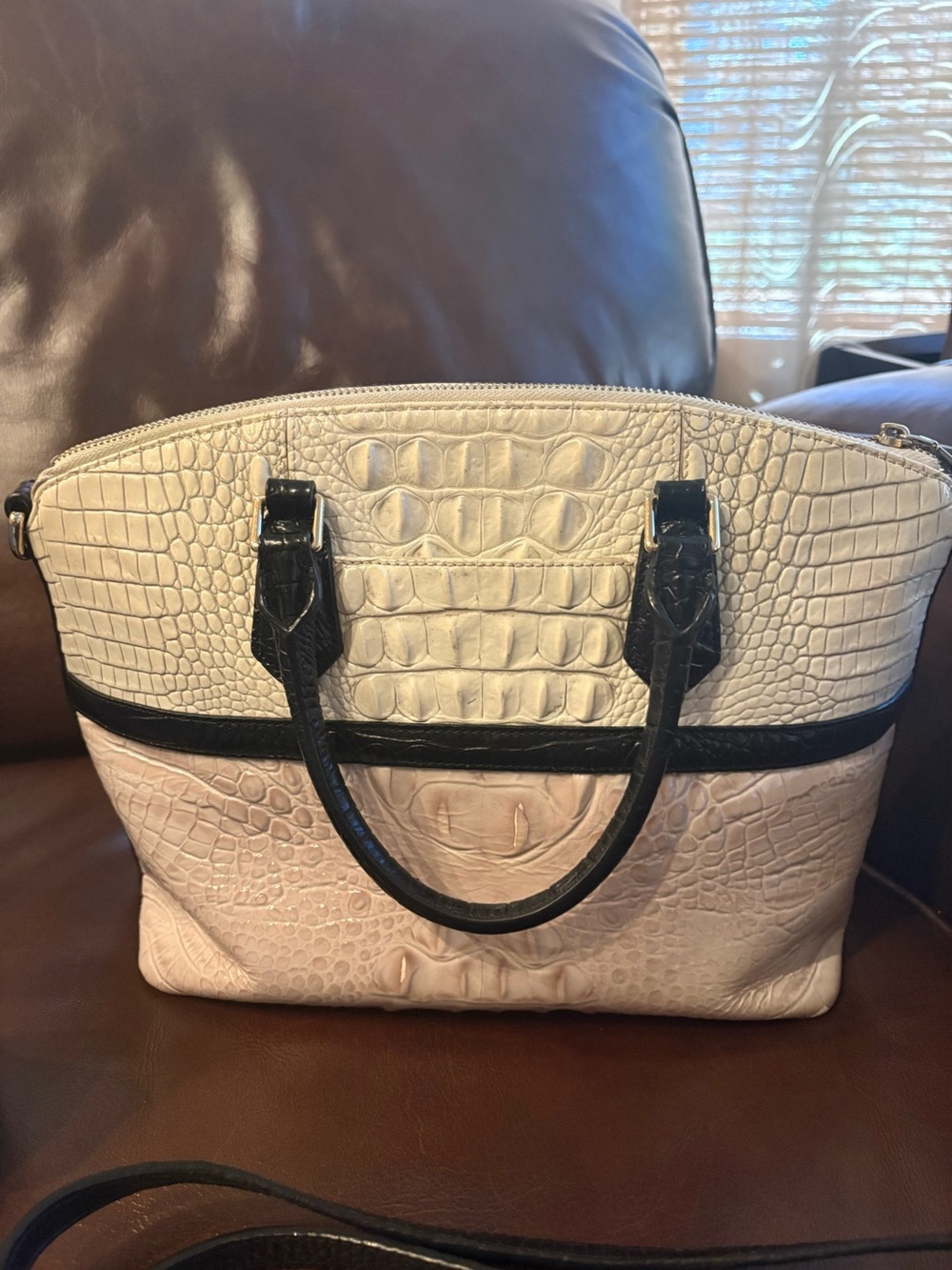 Brahmin Cream Croc-Embossed Duxbury Satchel with Black Trim and Tassel - Picture 3 of 13
